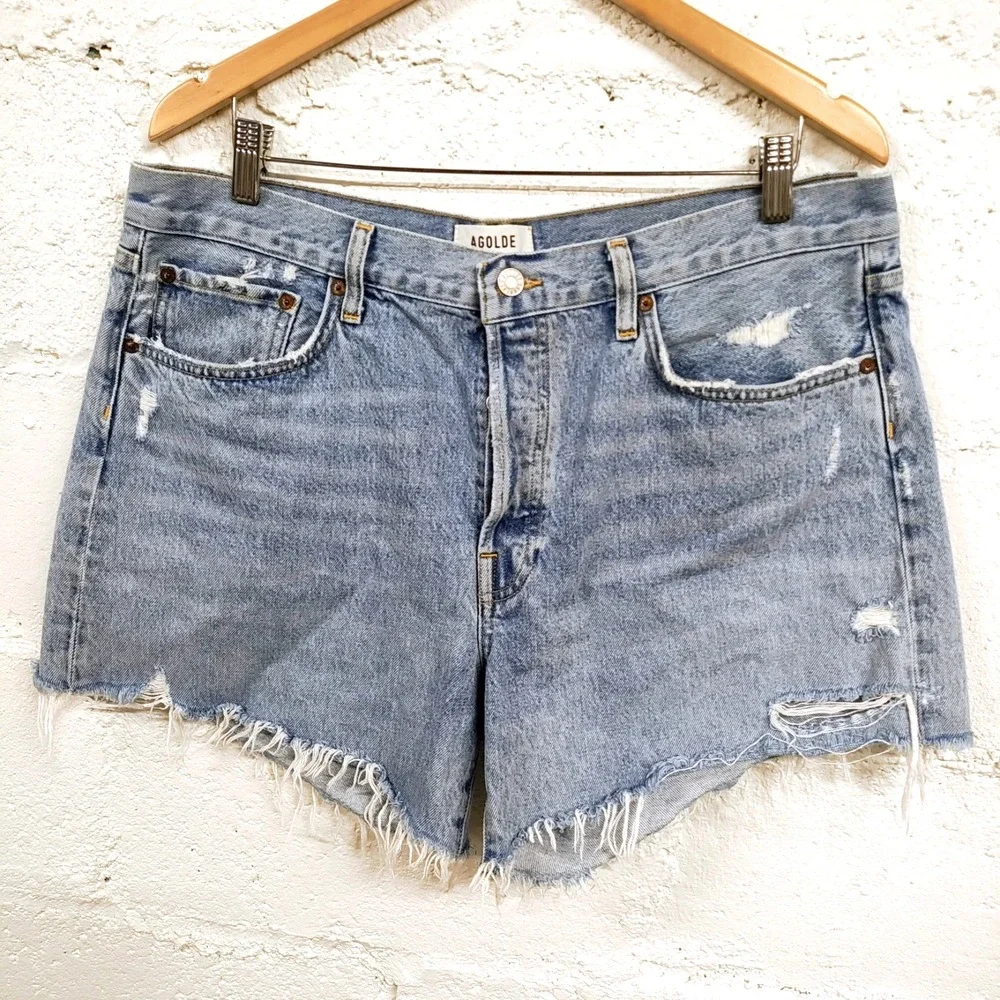 AGOLDE Parker Long Cut Off Jean Shorts 32 High Rise Button Fly Festival Denim